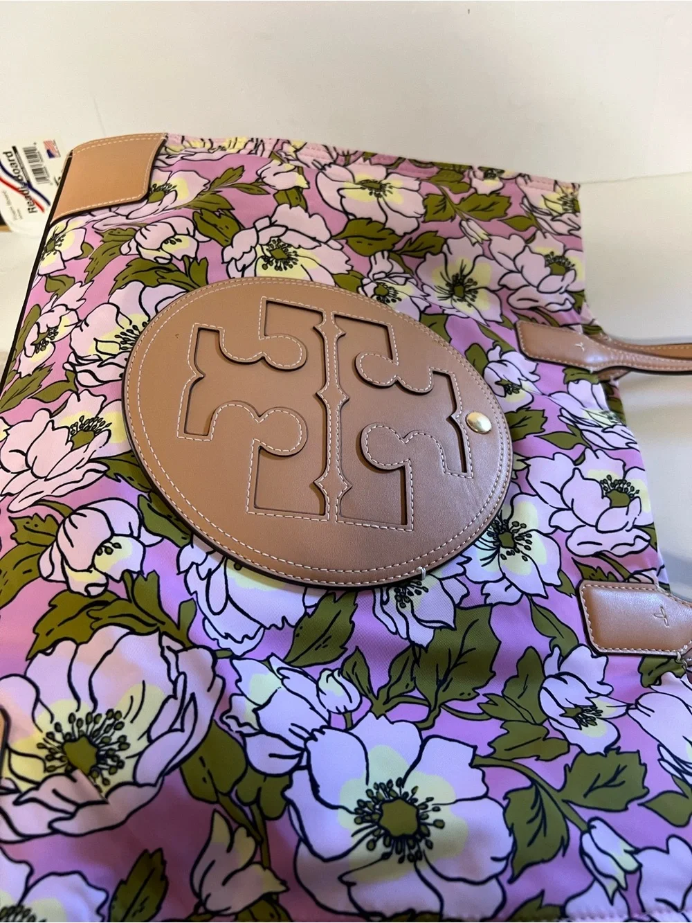 Tory Burch Pink Floral Tote with Tan Leather Trim